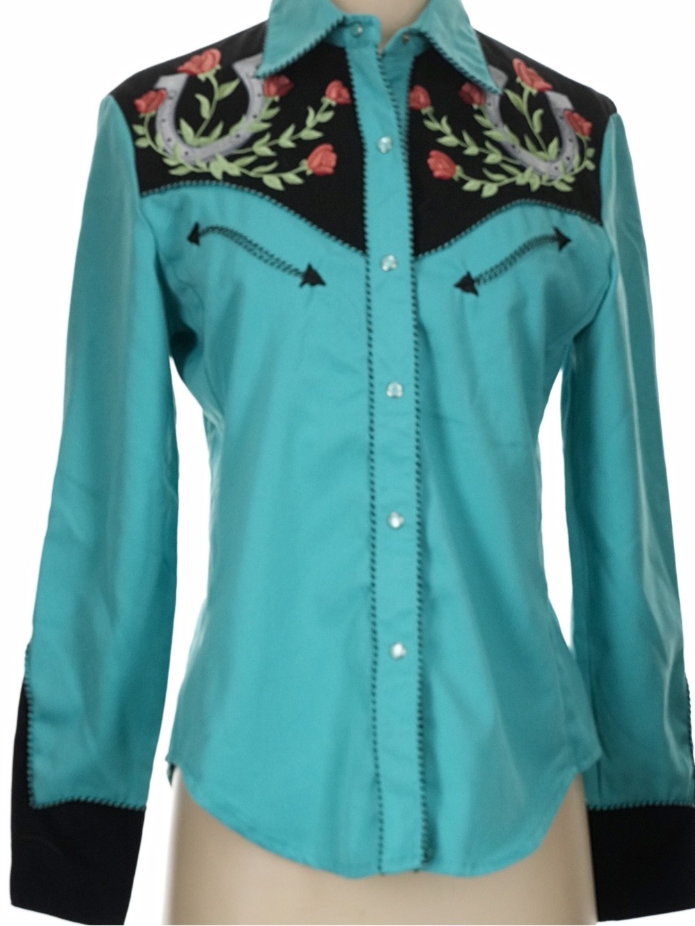 SCULLY WOMEN'S HORSESHOE EMBROIDERED RETRO WESTERN PEARL SNAP SHIRT XS NWOT